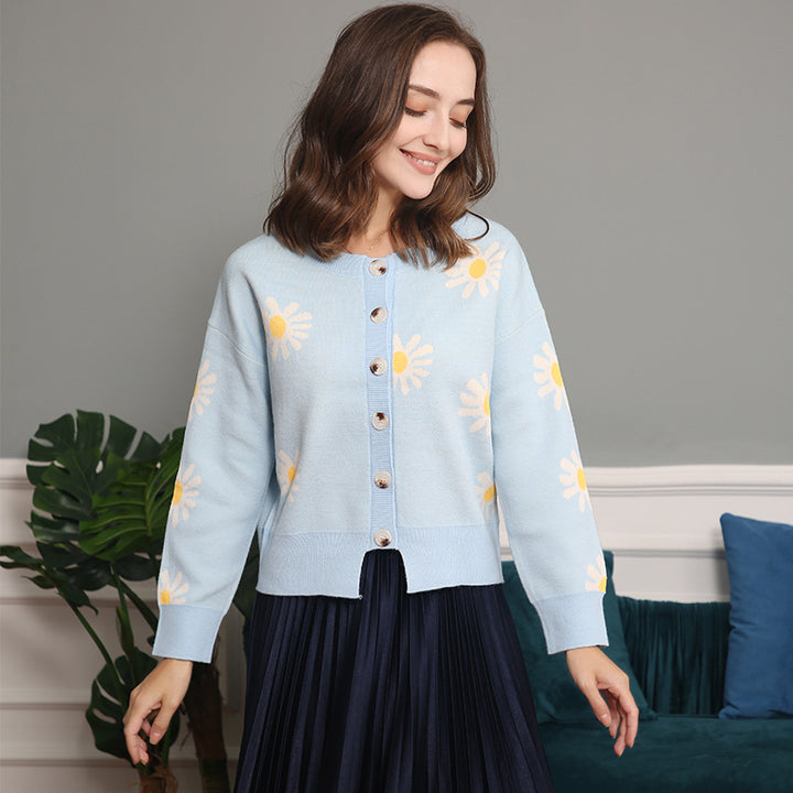 Damen modische Strickjacke mit floralem Muster und kurzen Ärmeln Drune
