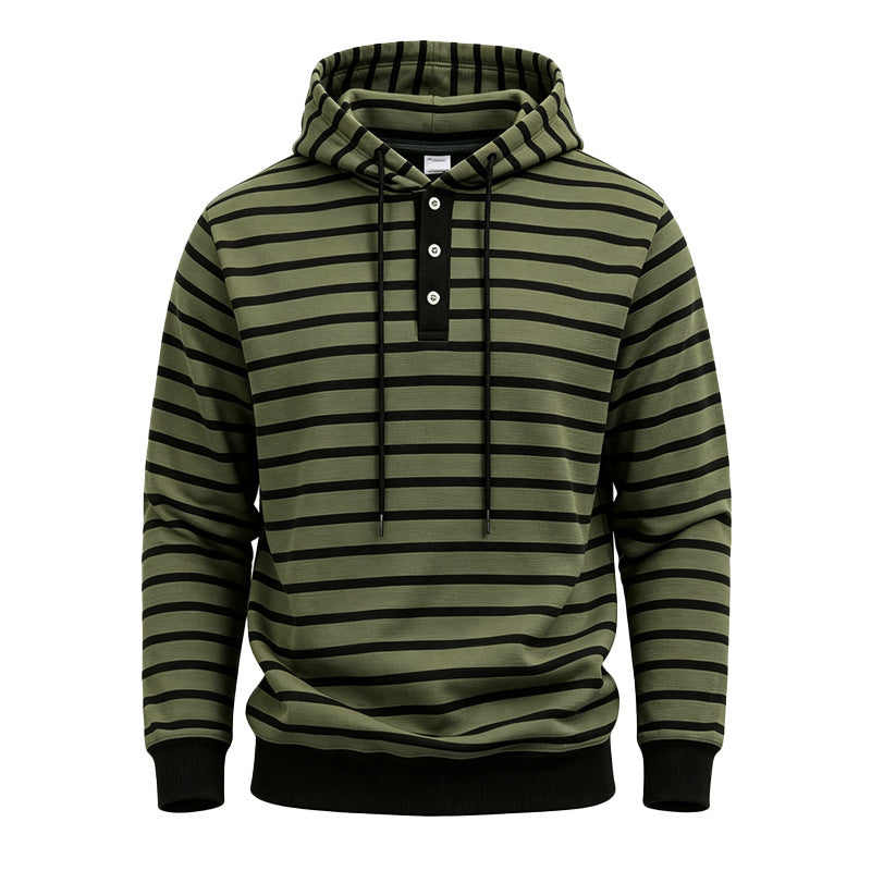 Herren Gestreifter Kapuzenpullover mit Henley‑Knopfleiste, Kordelzug und Rippbündchen Drune