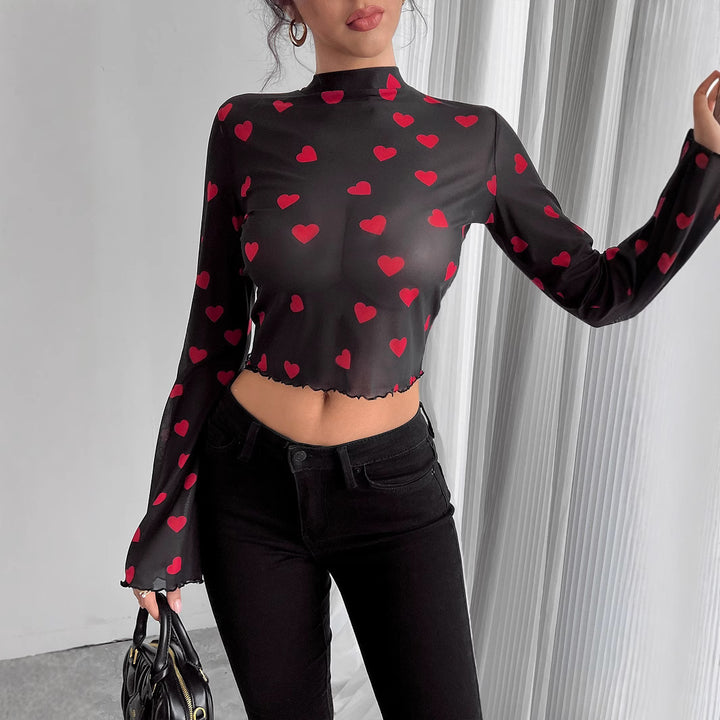 Damen nan transparentes Paisley-Netz-Kurzoberteil mit Stehkragen, Trompetenärmeln und gewelltem Saum Drune
