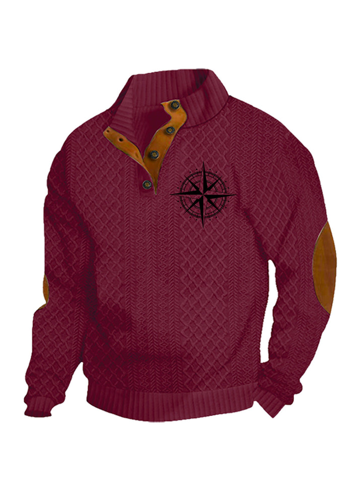 Herren nan Heritage-Strukturpullover mit Stehkragen Lederimitat-Besatz Ellenbogen-Patches und Halbknopfleiste Drune
