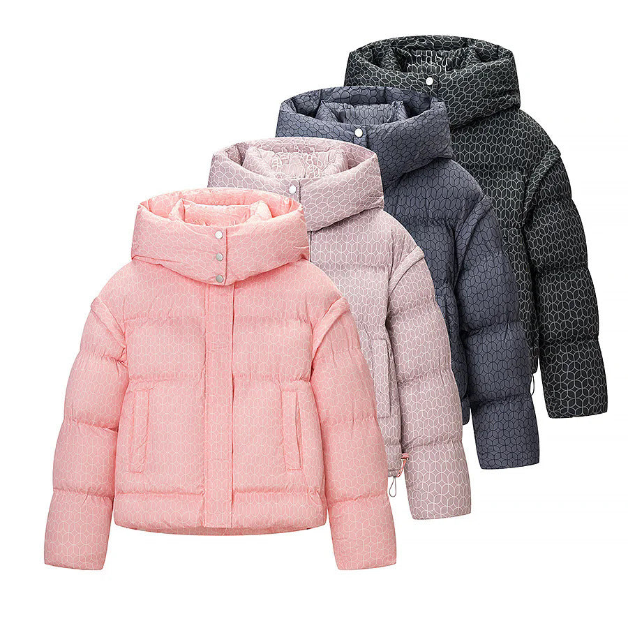Damen nan kurze Boxy-Steppjacke mit grafischem Quiltmuster, großer Kapuze, verdeckter Druckknopfleiste und Tunnelzugsaum Drune
