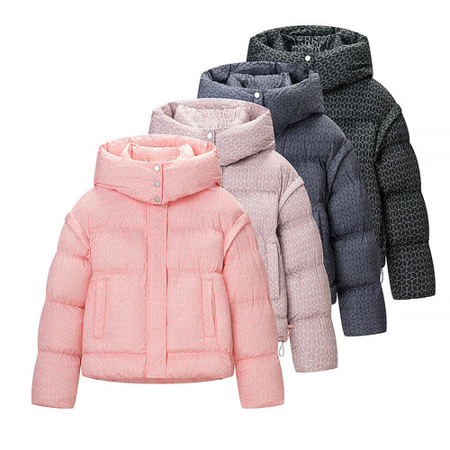 Damen nan kurze Boxy-Steppjacke mit grafischem Quiltmuster, großer Kapuze, verdeckter Druckknopfleiste und Tunnelzugsaum Drune