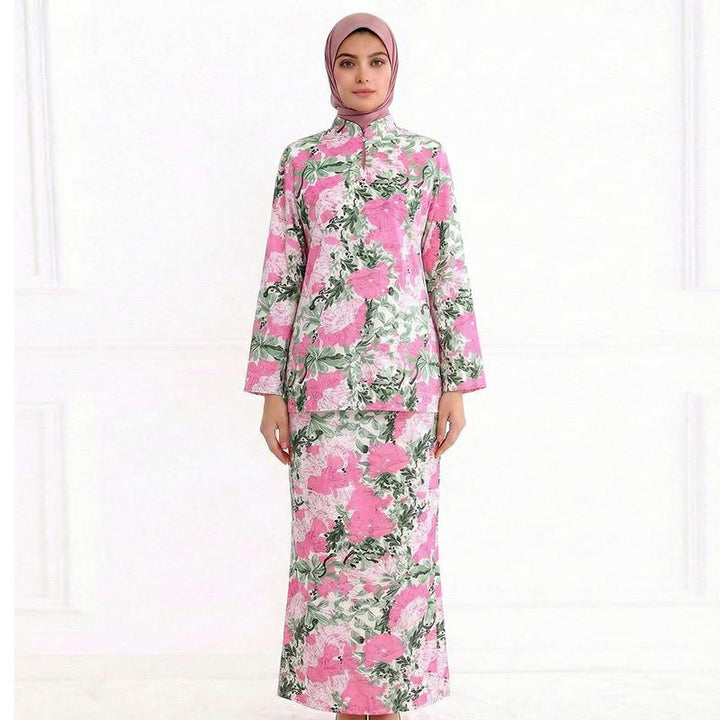 Damen Zweiteiliges Modest-Set aus Tunika mit Stehkragen und geradem Maxirock mit Blumenprint Drune