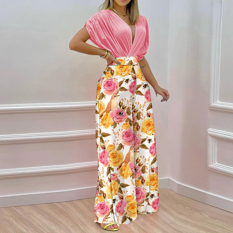 Damen Eleganter Jumpsuit mit tiefem V-Ausschnitt und weit geschnittenen Beinen Drune