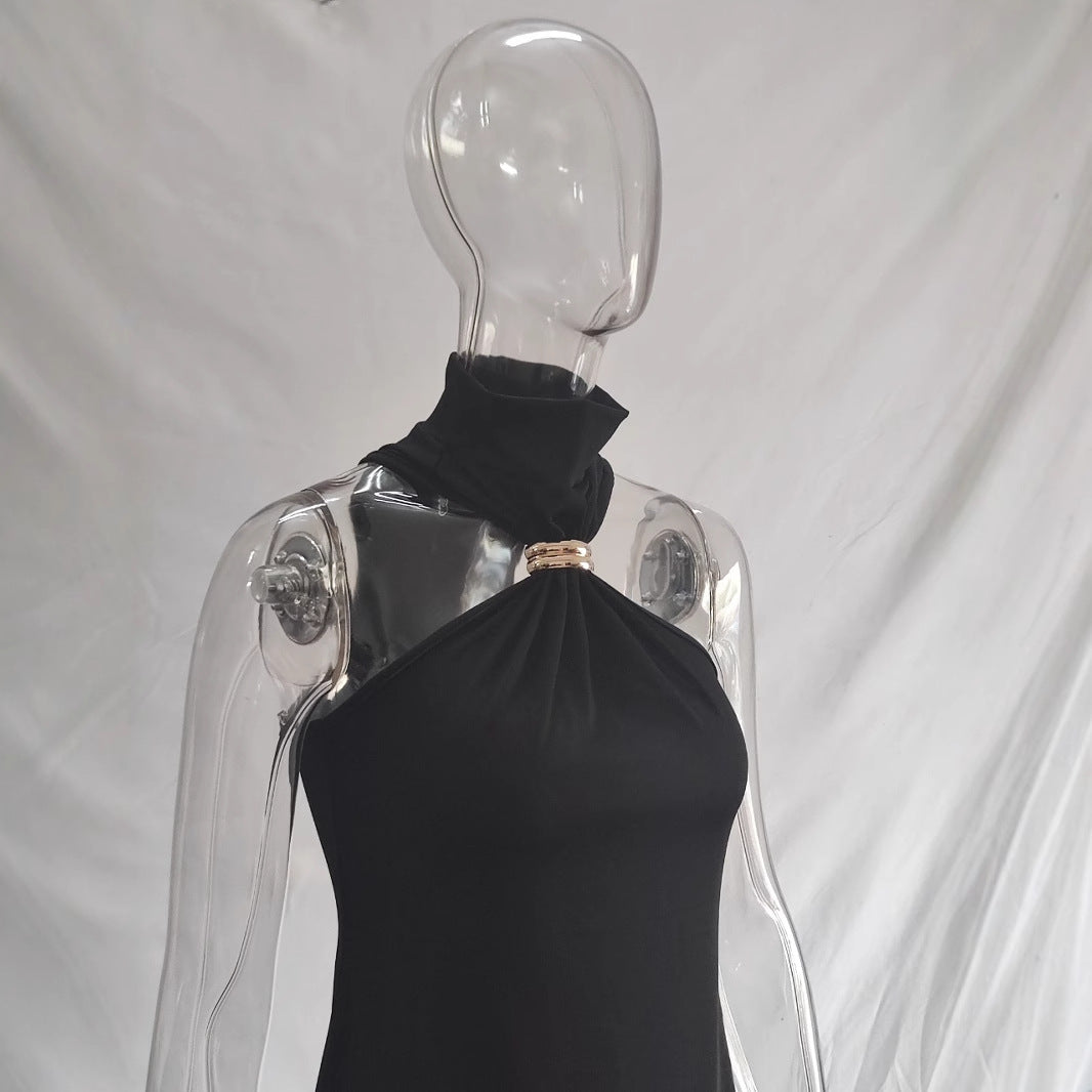 Damen elegantes Minikleid mit hohem Kragen und Details aus satinierter Textur Drune