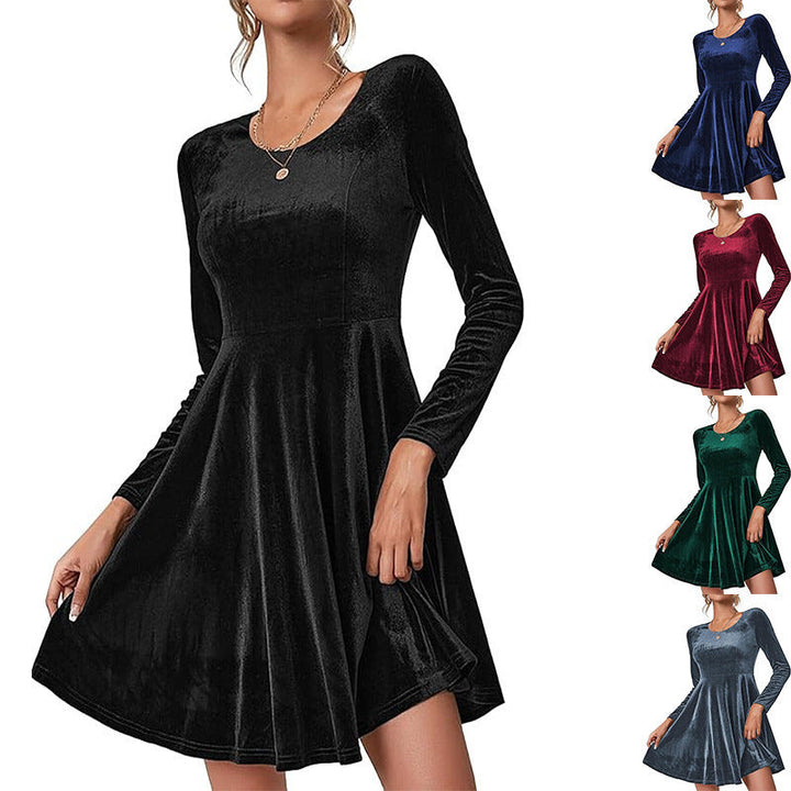 Damen Elegantes Samtkleid mit geschwungenem Saum und langen Ärmeln Drune