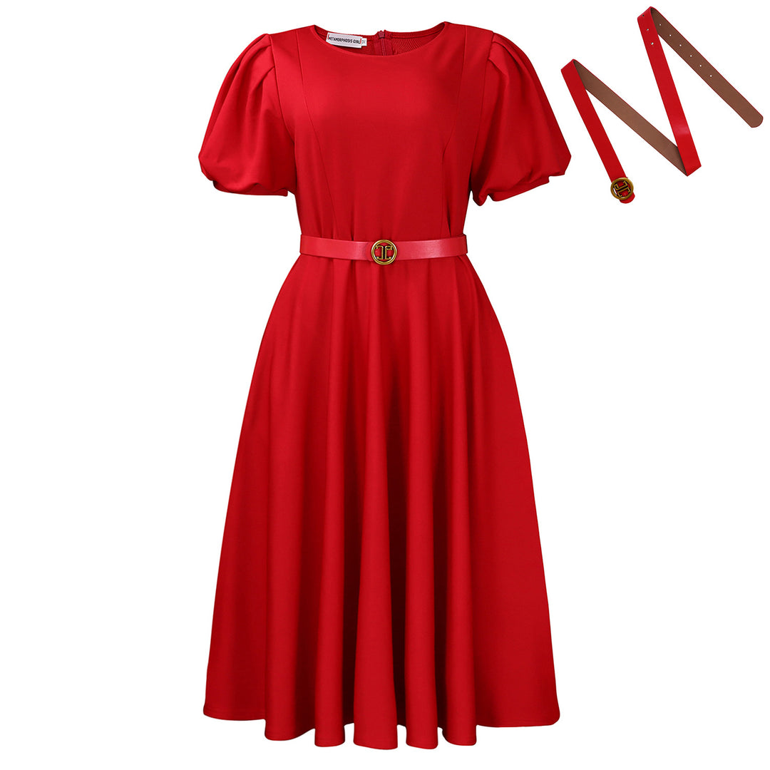 Damen Midi-Kleid mit Puffärmeln und tailliertem Gürtel Drune