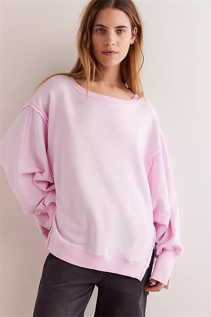 Damen oversized Sweatshirt mit Ballonärmeln, offenen Saumnähten und seitlichen Schlitzen Drune