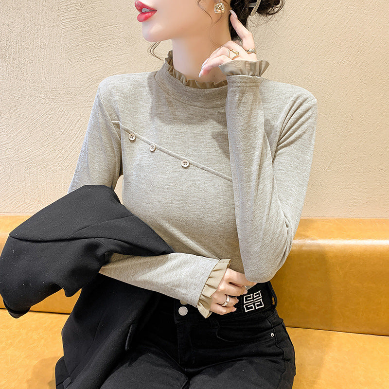 Damen Longsleeve-Shirt mit dekorativen Knopfdetails und Raffungen Drune