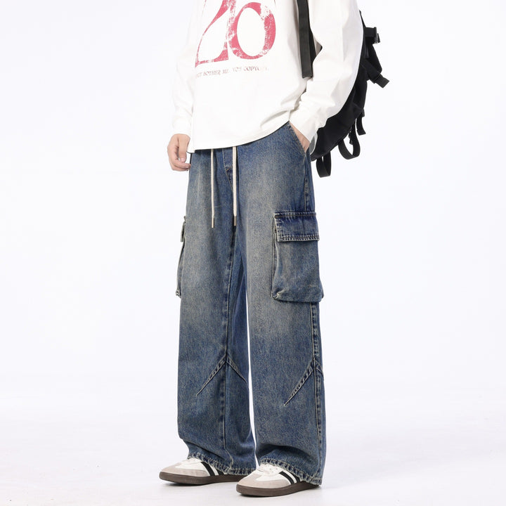 Herren Weite Cargo-Denimhose mit Tunnelzug, Used‑Waschung und Oversize‑Passform Drune