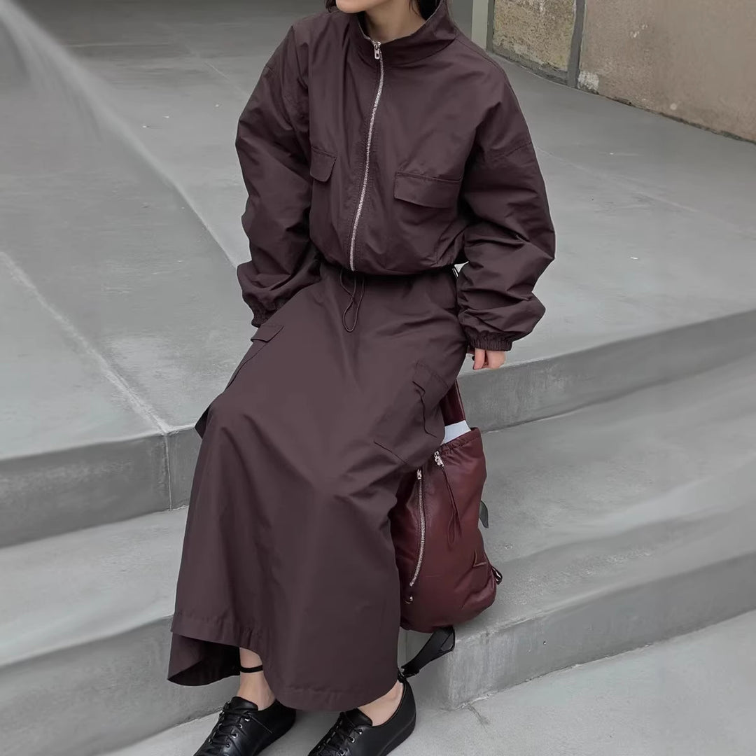 Damen praktische Utility-Jacke mit hohem Kragen und Taillenregulierung
