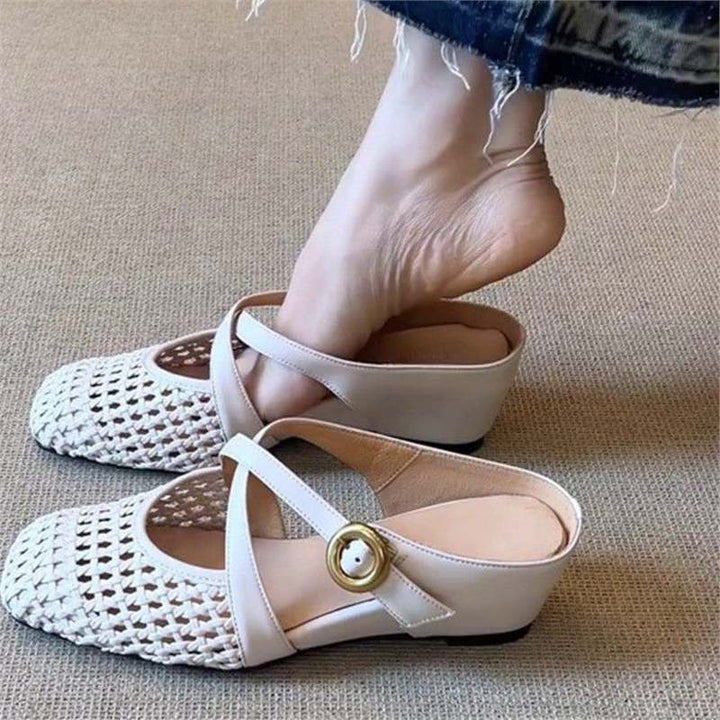 Damen Geflochtene Mule-Ballerinas mit T-Riemen und dekorativer Rosenapplikation Drune