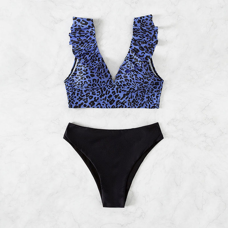 Damen Triangel-Bikini mit modischem Leopardenmuster und Rüschendetails Drune