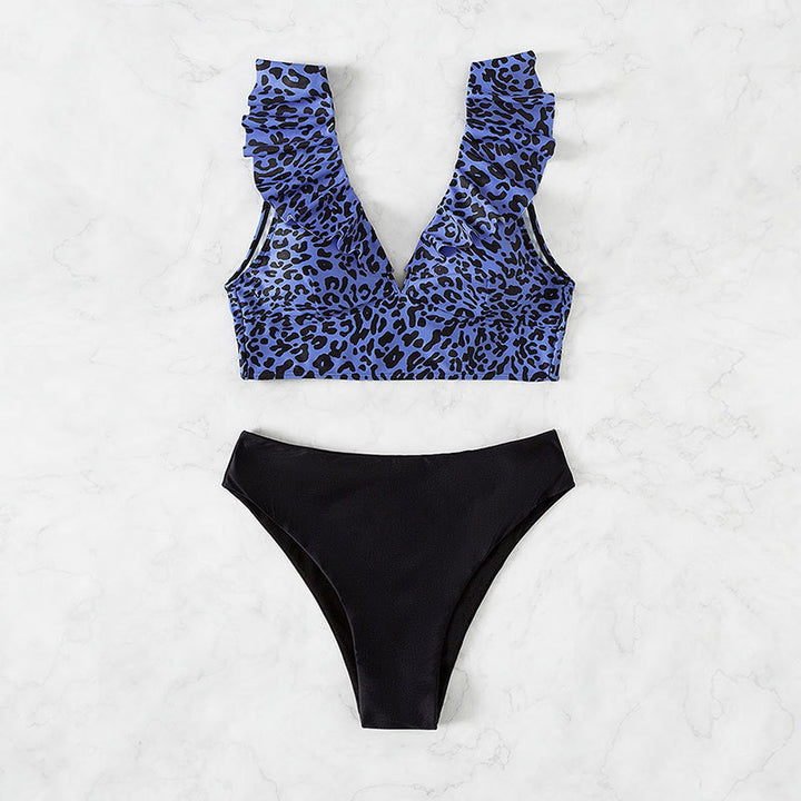 Damen Triangel-Bikini mit modischem Leopardenmuster und Rüschendetails Drune