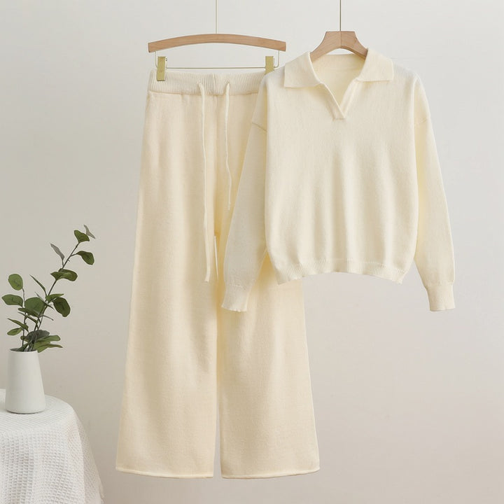 Damen gemütliches Strick-Loungewear-Set mit weit geschnittenem Pullover und Hose Drune