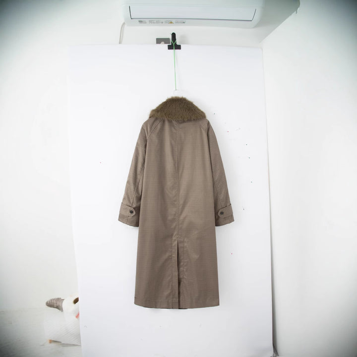 Damen Langer Glencheck-Mantel mit voluminösem Faux-Fur-Kragen und geradem Schnitt Drune