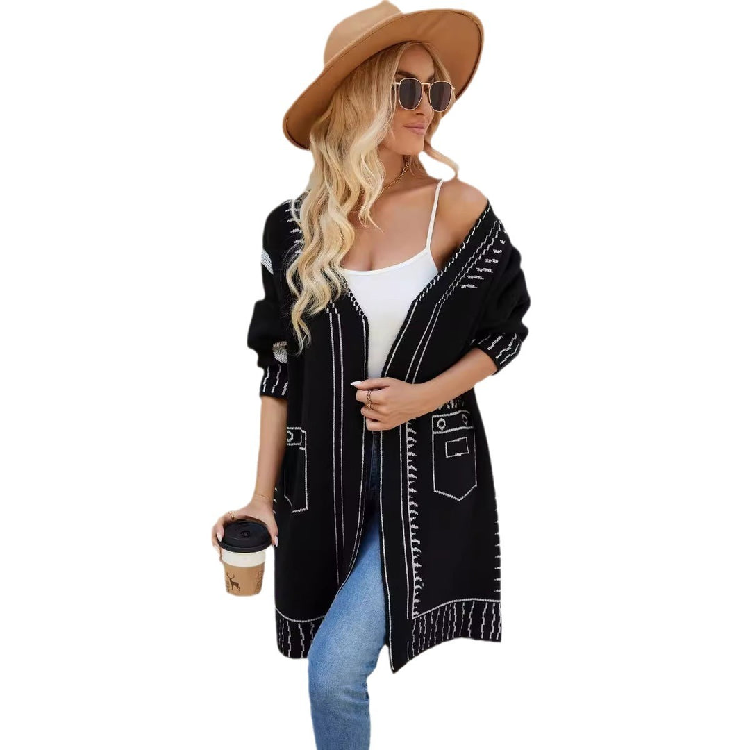 Damen lässiger Strickcardigan mit einzigartigem Muster und tiefem V-Ausschnitt Drune