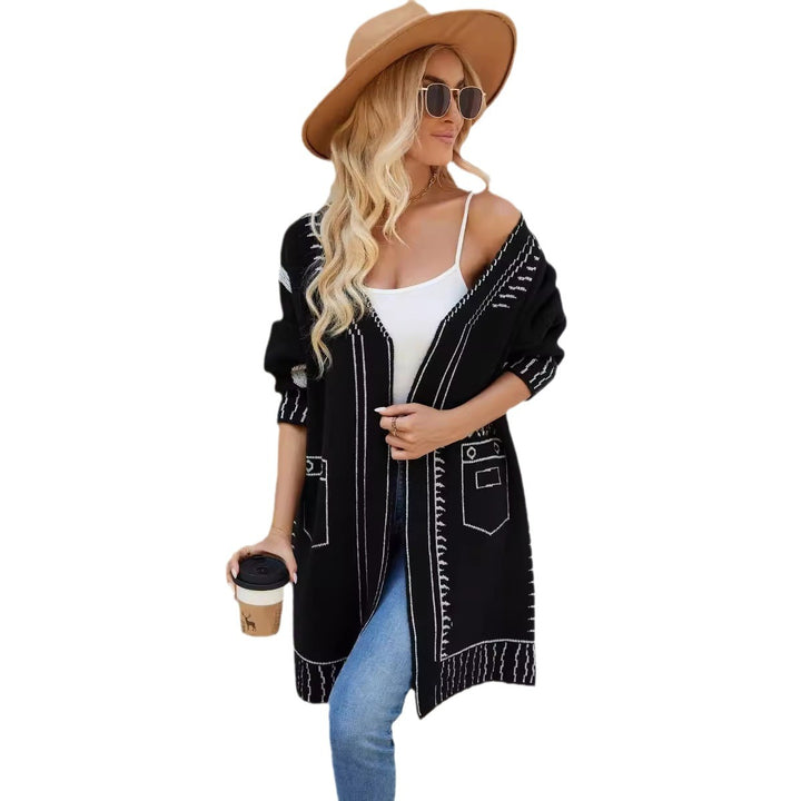 Damen lässiger Strickcardigan mit einzigartigem Muster und tiefem V-Ausschnitt Drune