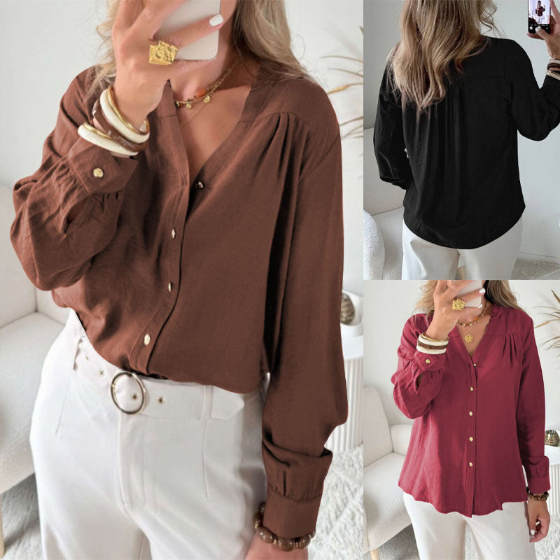 Damen Lockeres Blusenshirt mit V-Ausschnitt, Rüschensaum und goldenen Zierknöpfen Drune