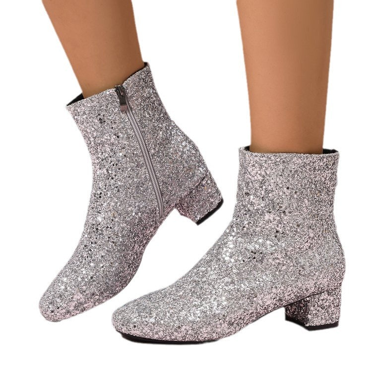 Damen glitzernde Stiefeletten mit kurzem Blockabsatz und seitlichem Reißverschluss Drune