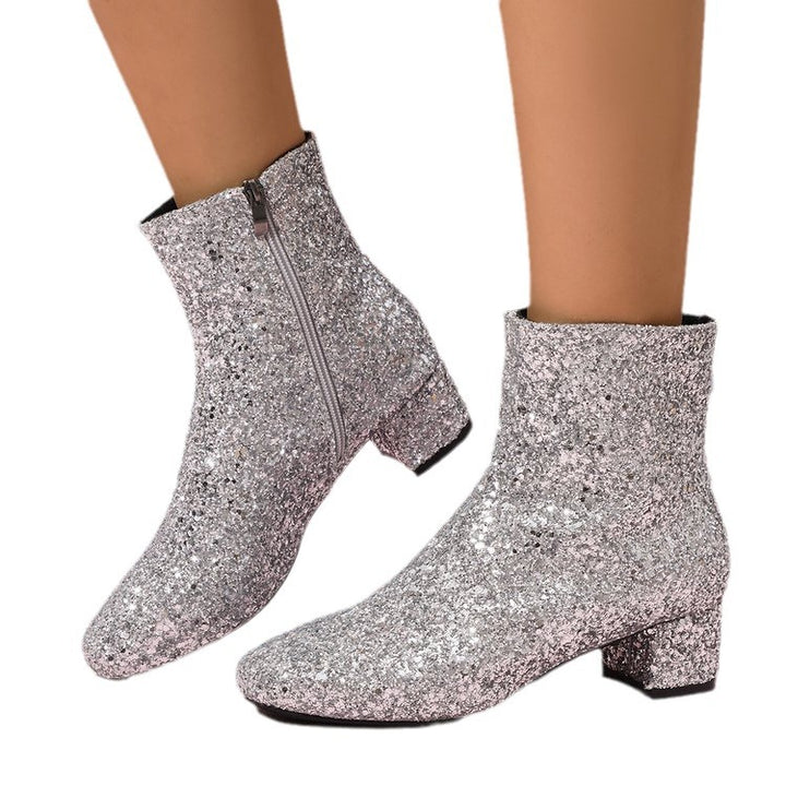 Damen glitzernde Stiefeletten mit kurzem Blockabsatz und seitlichem Reißverschluss Drune