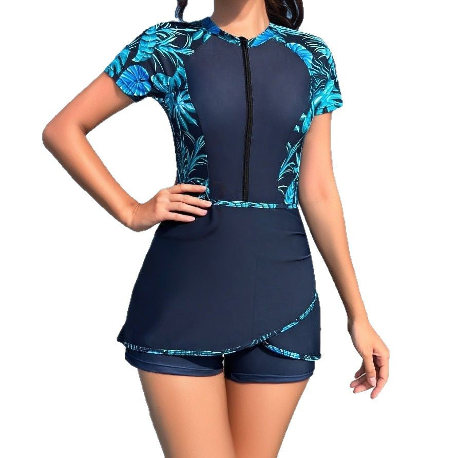 Damen Modischer Schwimmanzug mit kurzem Zip und Rock Drune