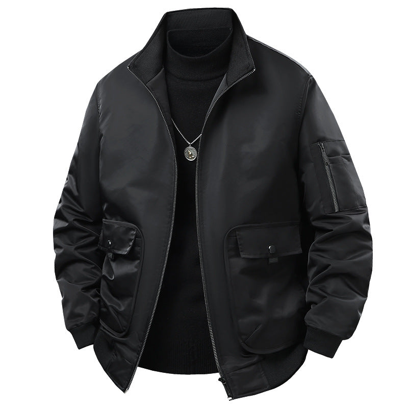 Men's  short-collar technical bomber jacket with zipped sleeve utility pocket and snap cargo flap pockets Drune