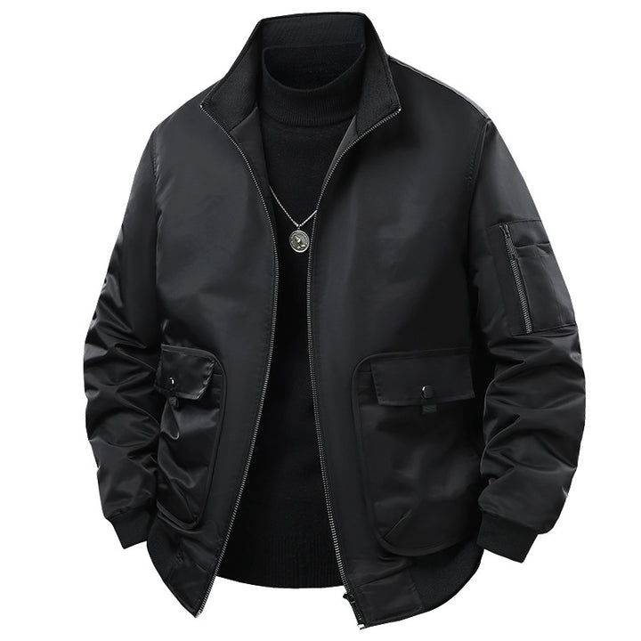 Men's  short-collar technical bomber jacket with zipped sleeve utility pocket and snap cargo flap pockets Drune