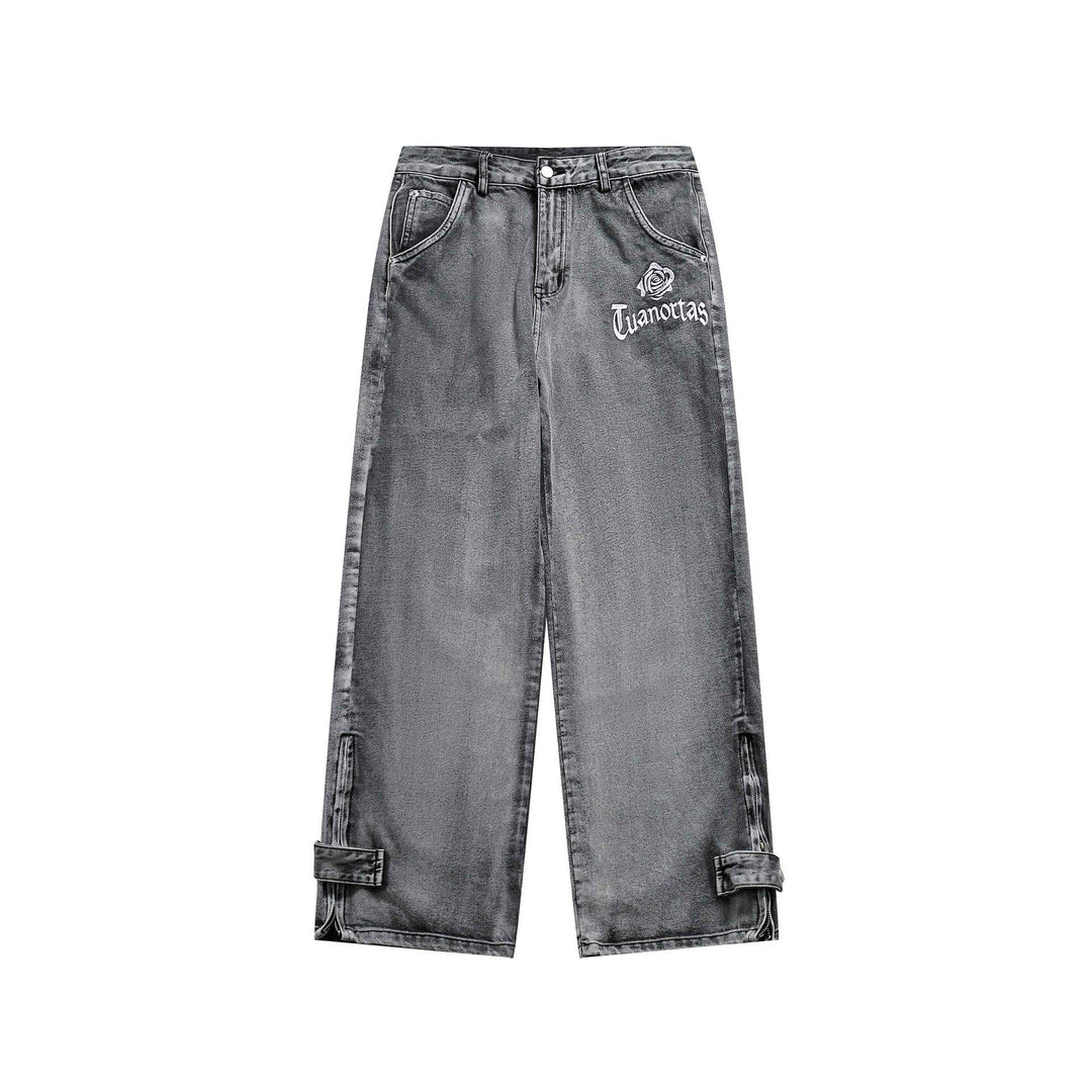 Damen Cropped Wide‑Leg Cargojeans mit Utility‑Taschen, Zierstickerei und verstellbaren Beinriegeln Drune