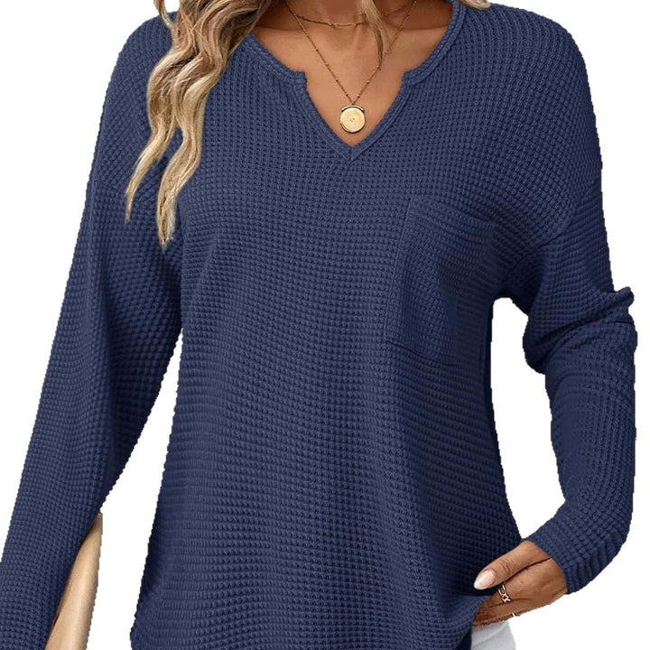 Damen Waffelstrick-Longsleeve mit V-Notch, Brusttasche und legerer Oversize-Passform Drune