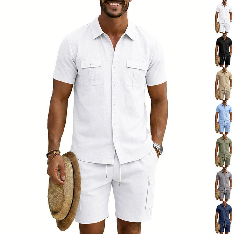 Herren nan sommerliches Freizeitset aus Baumwoll-Leinenmix mit Kurzarm-Hemd und Cargo-Shorts Drune