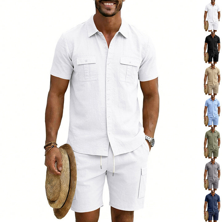 Herren nan sommerliches Freizeitset aus Baumwoll-Leinenmix mit Kurzarm-Hemd und Cargo-Shorts Drune
