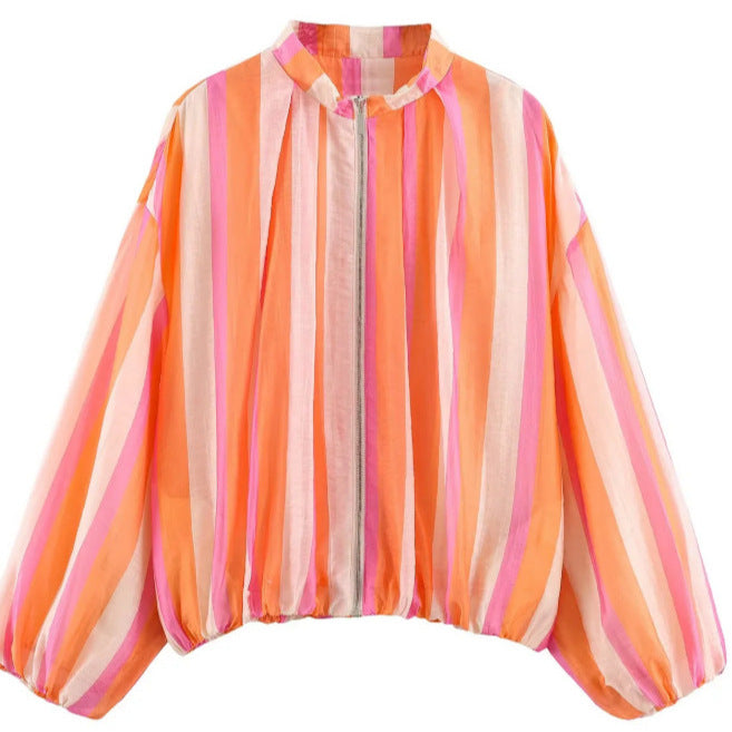 Damen Gestreifte Cropped Blousonjacke mit Stehkragen, Reißverschluss und Ballonärmeln Drune