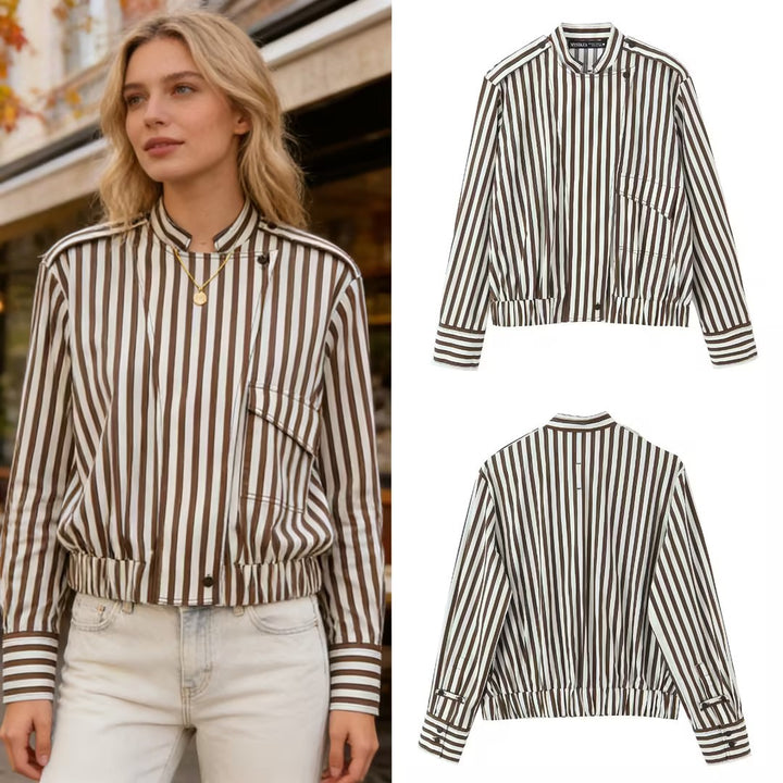Damen Gestreifte Blouson-Hemdbluse mit Stehkragen, Schulterklappen und elastischem Saum Drune