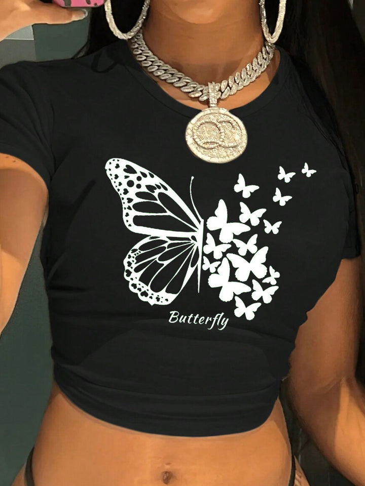 Damen figurbetontes Kurzarm-T-Shirt mit verspieltem Aufdruck Drune