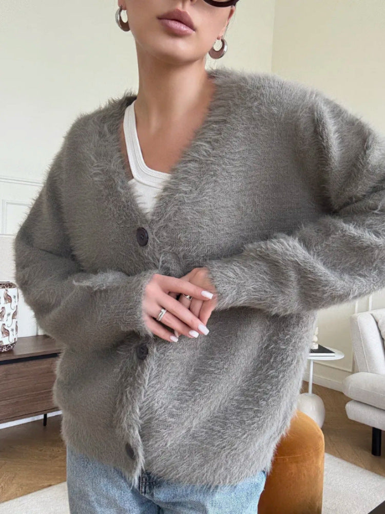 Damen Flauschiger Cardigan mit Druckknöpfen Drune