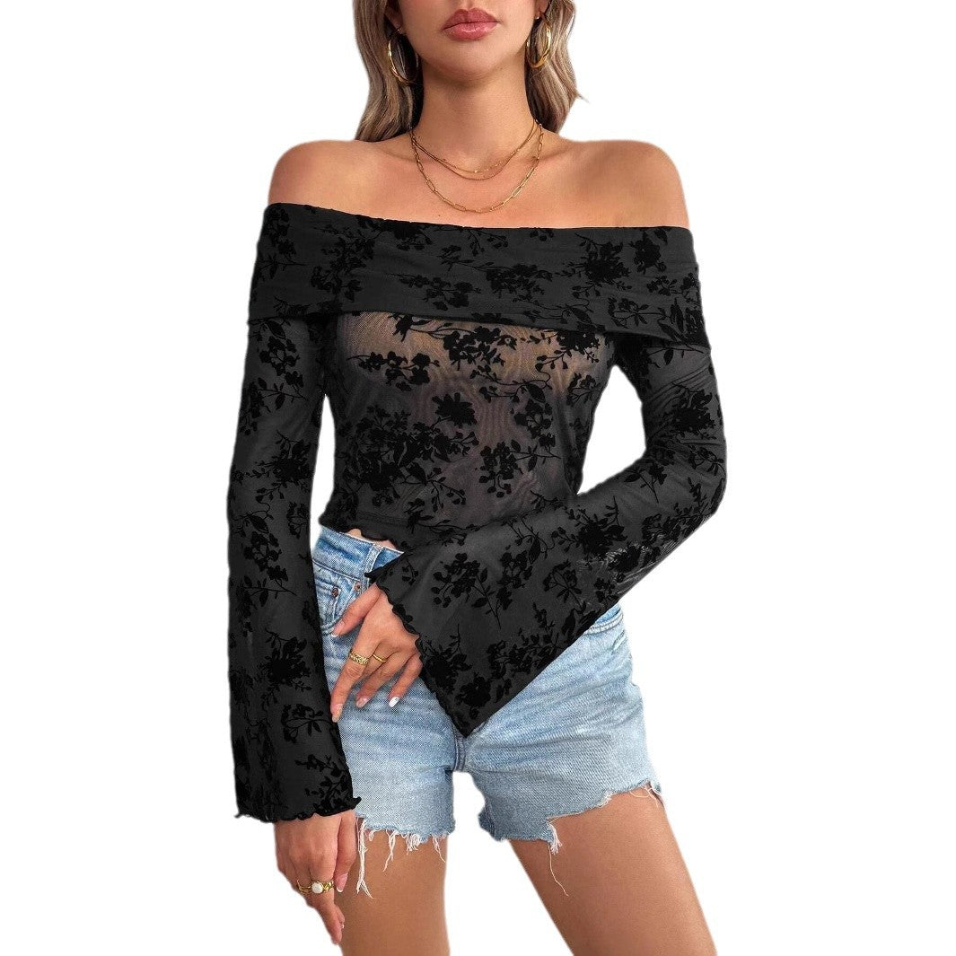Damen nan schulterfreies Netz-Top mit floraler Samtflock-Applikation, bauchfreiem verkürztem Schnitt und Trompetenärmeln Drune