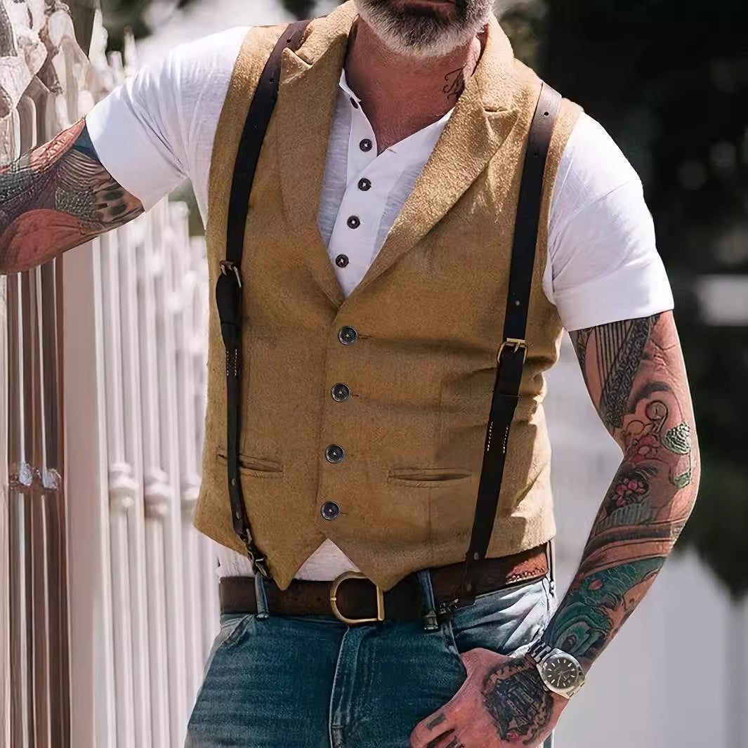 Herren Vintage-inspirierte Tweed-Weste mit Reverskragen, Paspeltaschen und Slim-Fit Drune