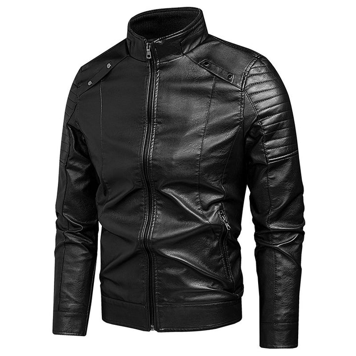 Herren Slim-Fit Kunstleder-Bikerjacke mit Stehkragen und Reißverschlusstaschen Drune
