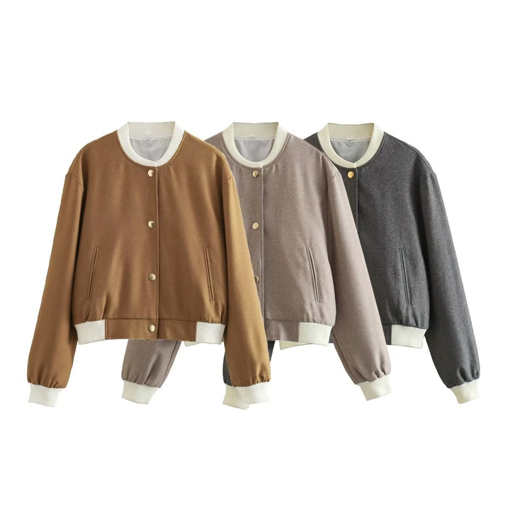 Damen nan cropped College-Bomber mit kontrastbündchen, verdeckter Druckknopfleiste und Leistentaschen Drune