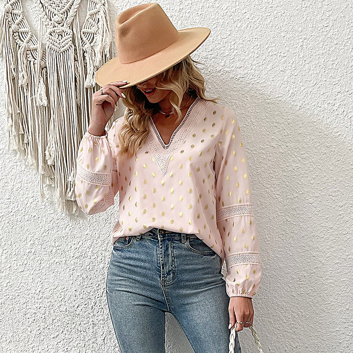 Damen Leichte Chiffonbluse mit V-Ausschnitt, Spitzenbesatz und Metallic-Pünktchen Drune