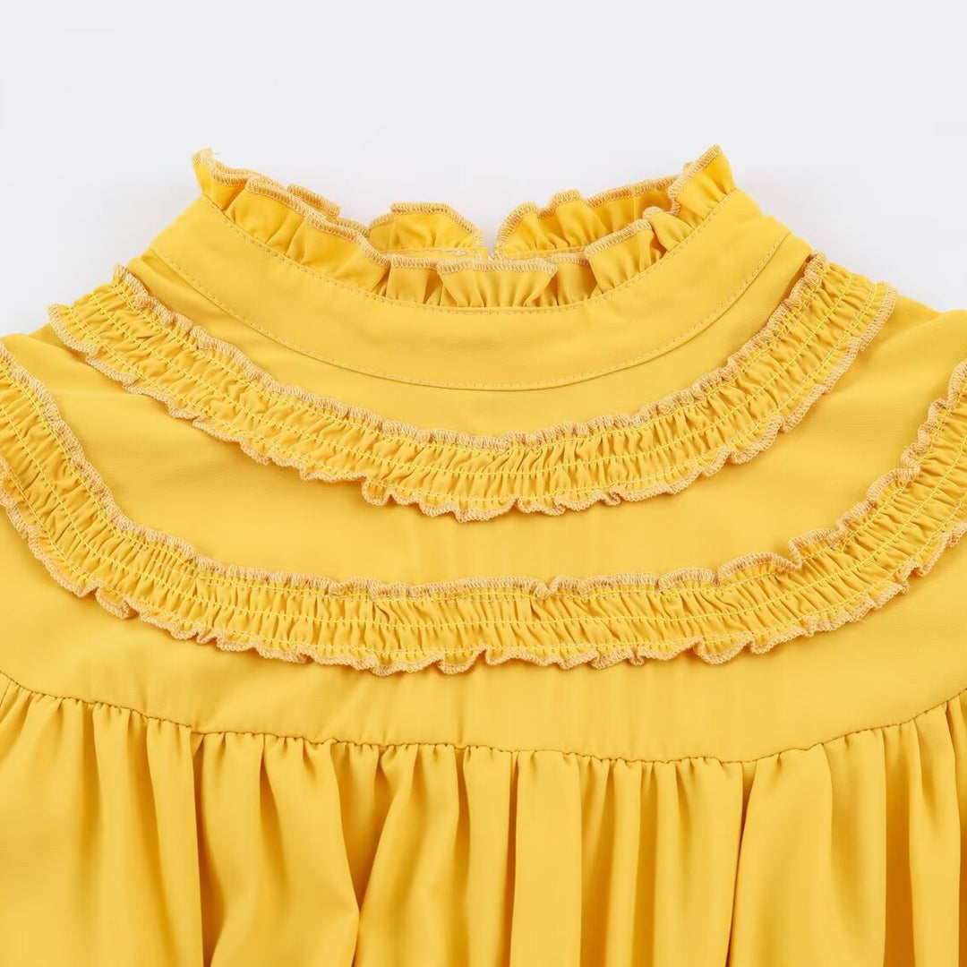 Damen Rüschen-Midikleid mit hohem Stehkragen, Stufenrock und Taillen-Smock Drune