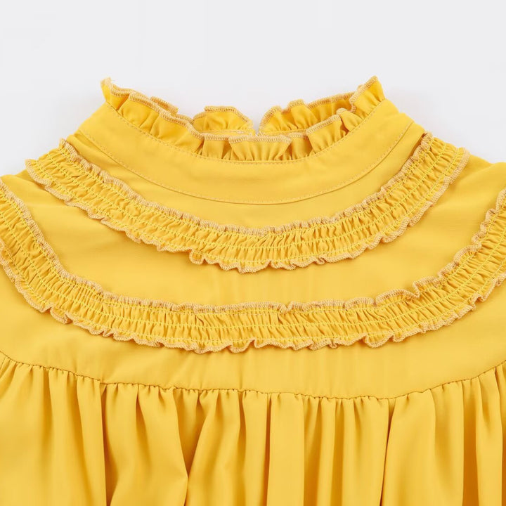 Damen Rüschen-Midikleid mit hohem Stehkragen, Stufenrock und Taillen-Smock Drune