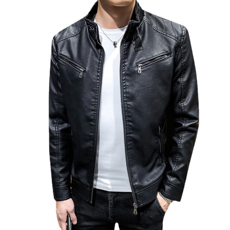 Herren Slim-Fit Kunstleder‑Racerblouson mit Stehkragen und Reißverschluss‑Brusttaschen Drune