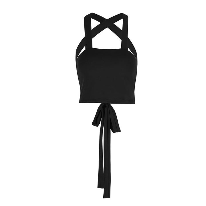 Damen modisches Crop-Top mit raffiniertem Kreuzträger-Design und verspieltem Bindegürtel Drune