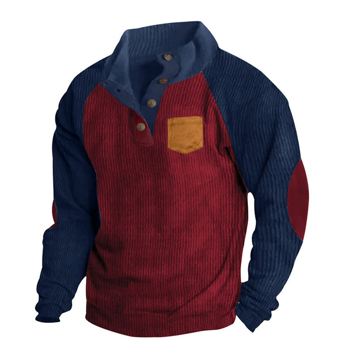 Herren Geripptes Henley‑Pullover mit Raglanärmeln, Ellenbogen‑Patches & Brusttasche Drune