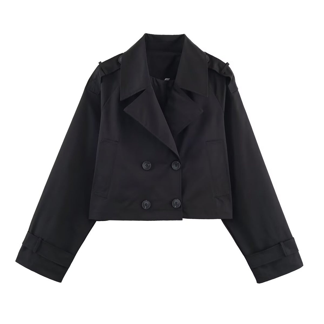 Damen Cropped Doppelreiher-Trenchjacke mit Epauletten, weiten Revers und verstellbaren Ärmelriegeln Drune