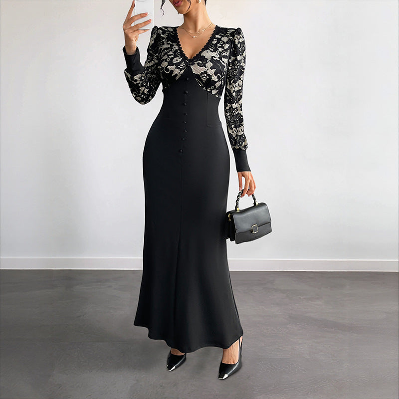 Damen Figurbetontes Maxikleid mit Spitzenoberteil, V‑Ausschnitt und Zierknopfleiste Drune