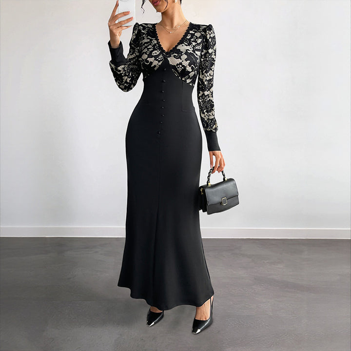 Damen Figurbetontes Maxikleid mit Spitzenoberteil, V‑Ausschnitt und Zierknopfleiste Drune