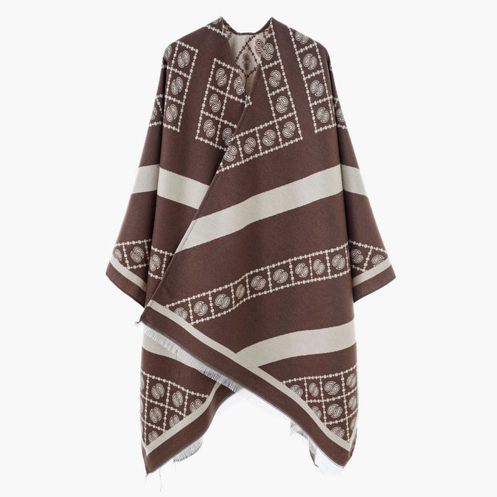 Damen Jacquard-Überwurf im Cape‑Stil mit Paisley‑Bordüre und Fransen Drune
